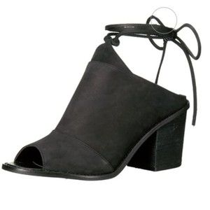 Chinese Laundry Womens Black Leather Ankle Wrap Peep Toe Mules Shoes Heels 6